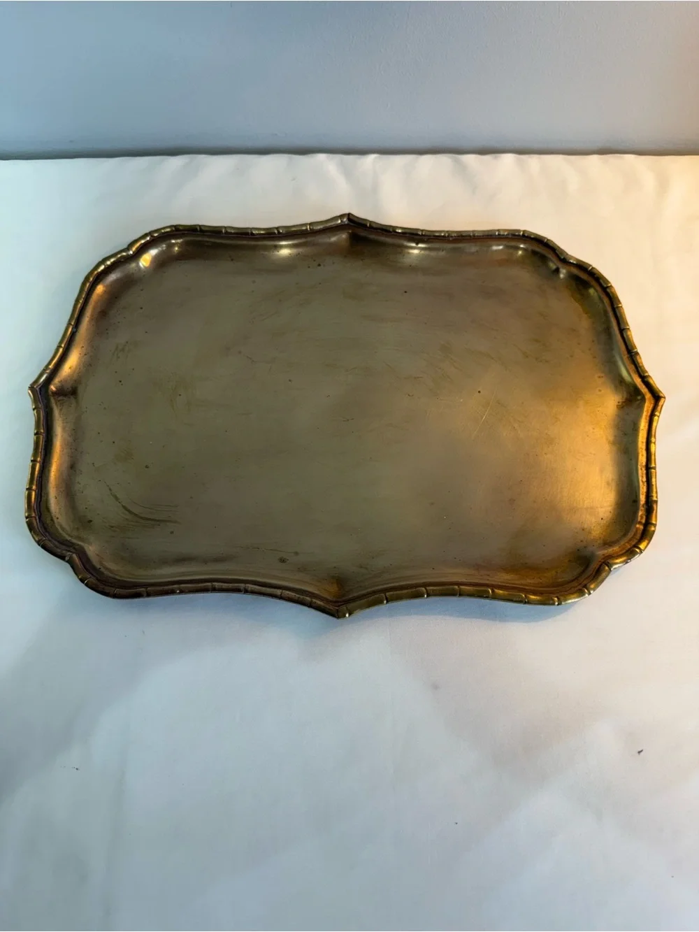 Vintage Oval Brass Tray Featuring A Distinctive Faux Bamboo Edge. Made In India